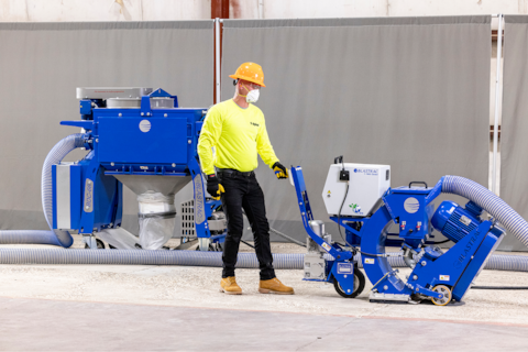 A Siplast Select Contractor uses a blue shot blaster to prepare a deck, symbolizing the high standards for contractors.